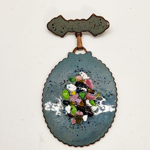 Large Copper Enamel Brooch Pin Bar Medal Medallion Shape w Glass Frit w Box VTG - Picture 1 of 5